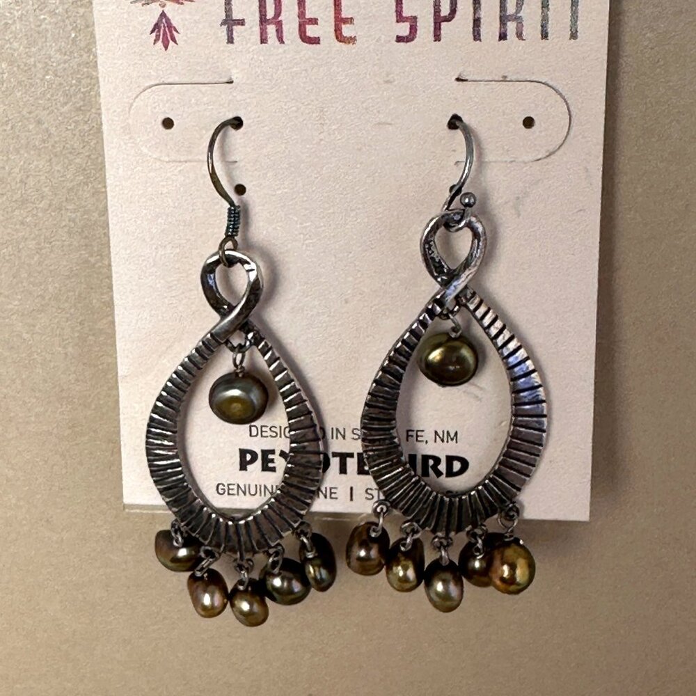 Peyote Bird Boho Teardrop Earrings Bronze Pearls Oxidized Silver NWT Signed - Picture 10 of 11